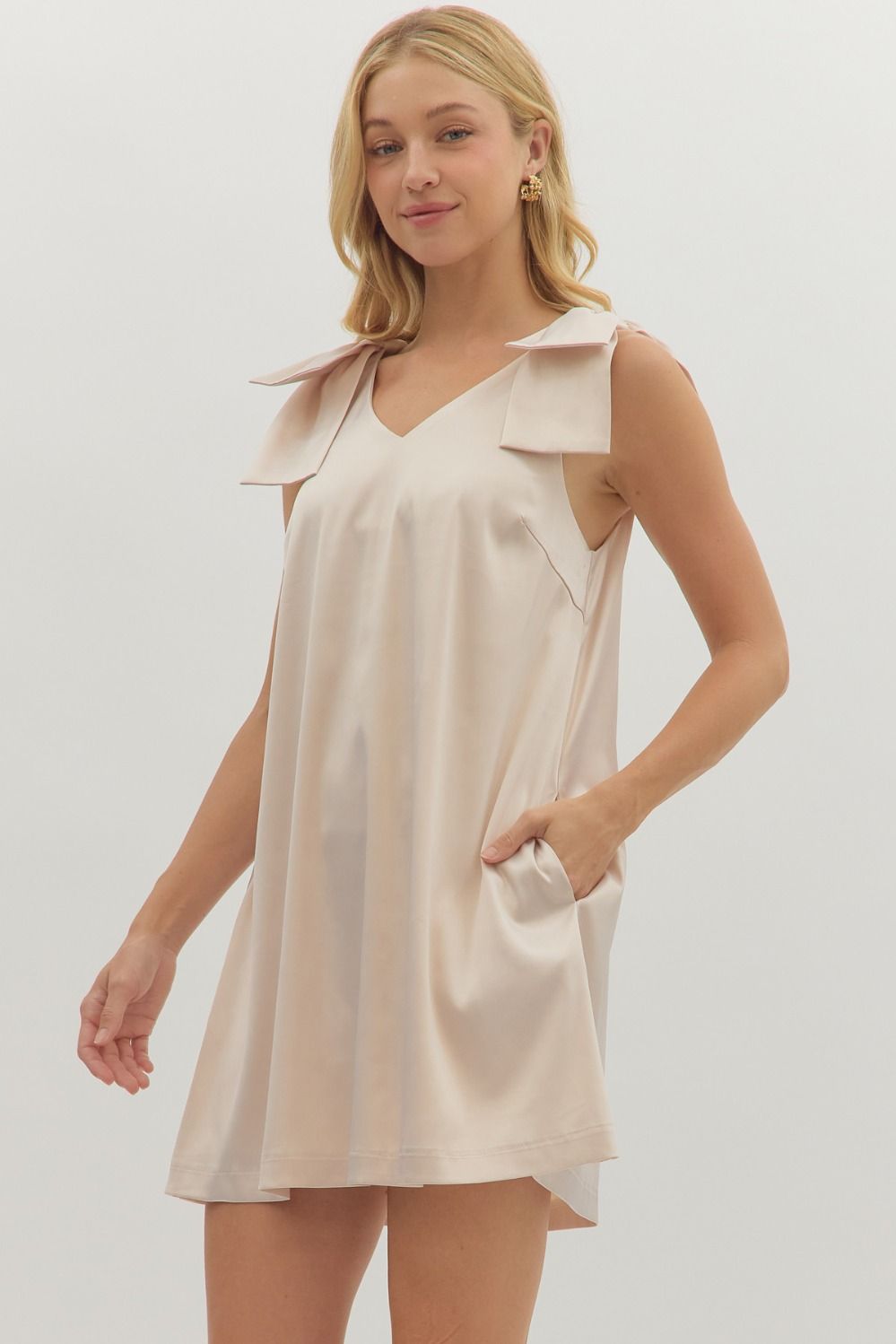 Bow Sleeve Heavy Satin Dress - Champagne