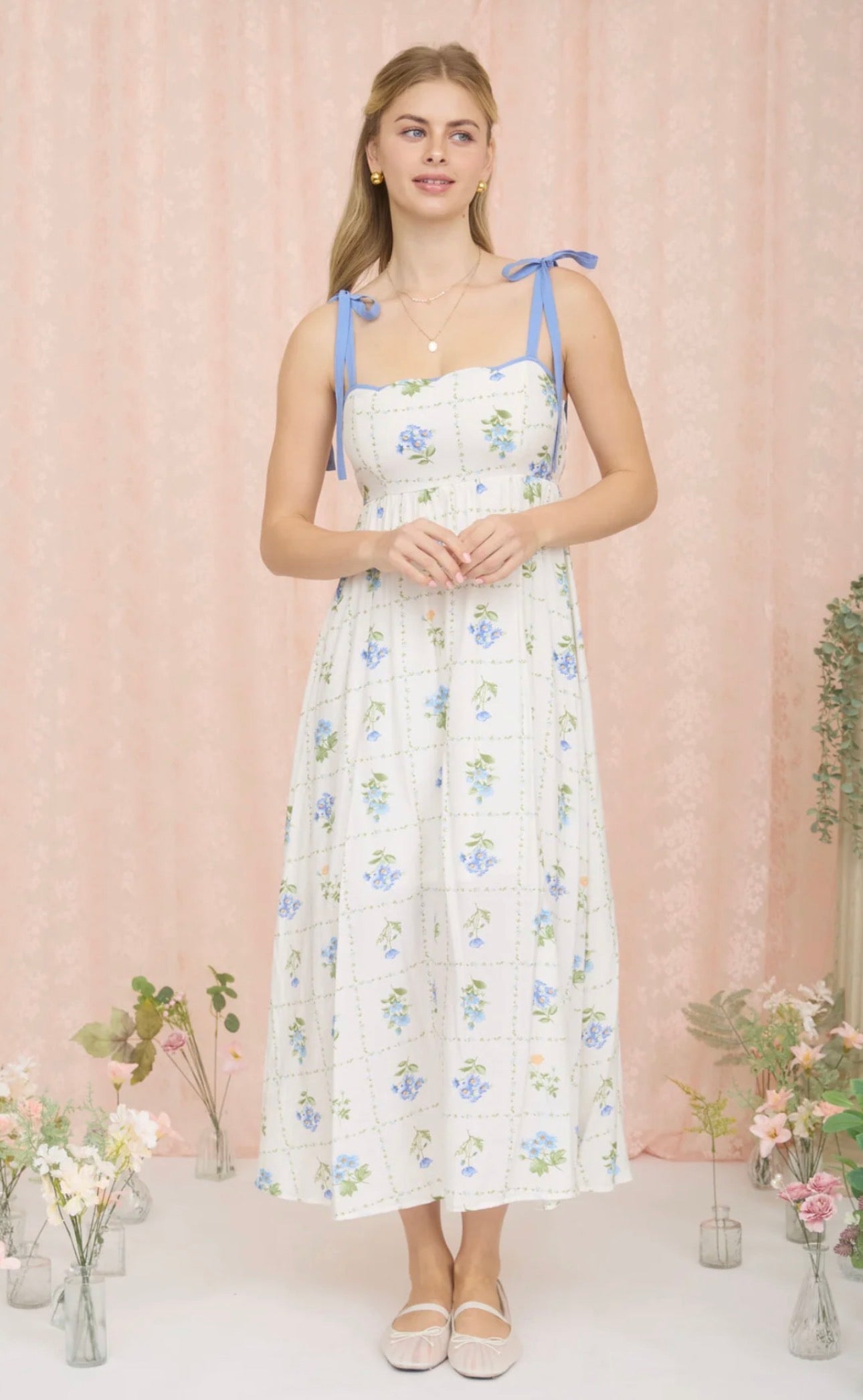 Floral Tile Scallop Tie Strap Midi Dress - Blue