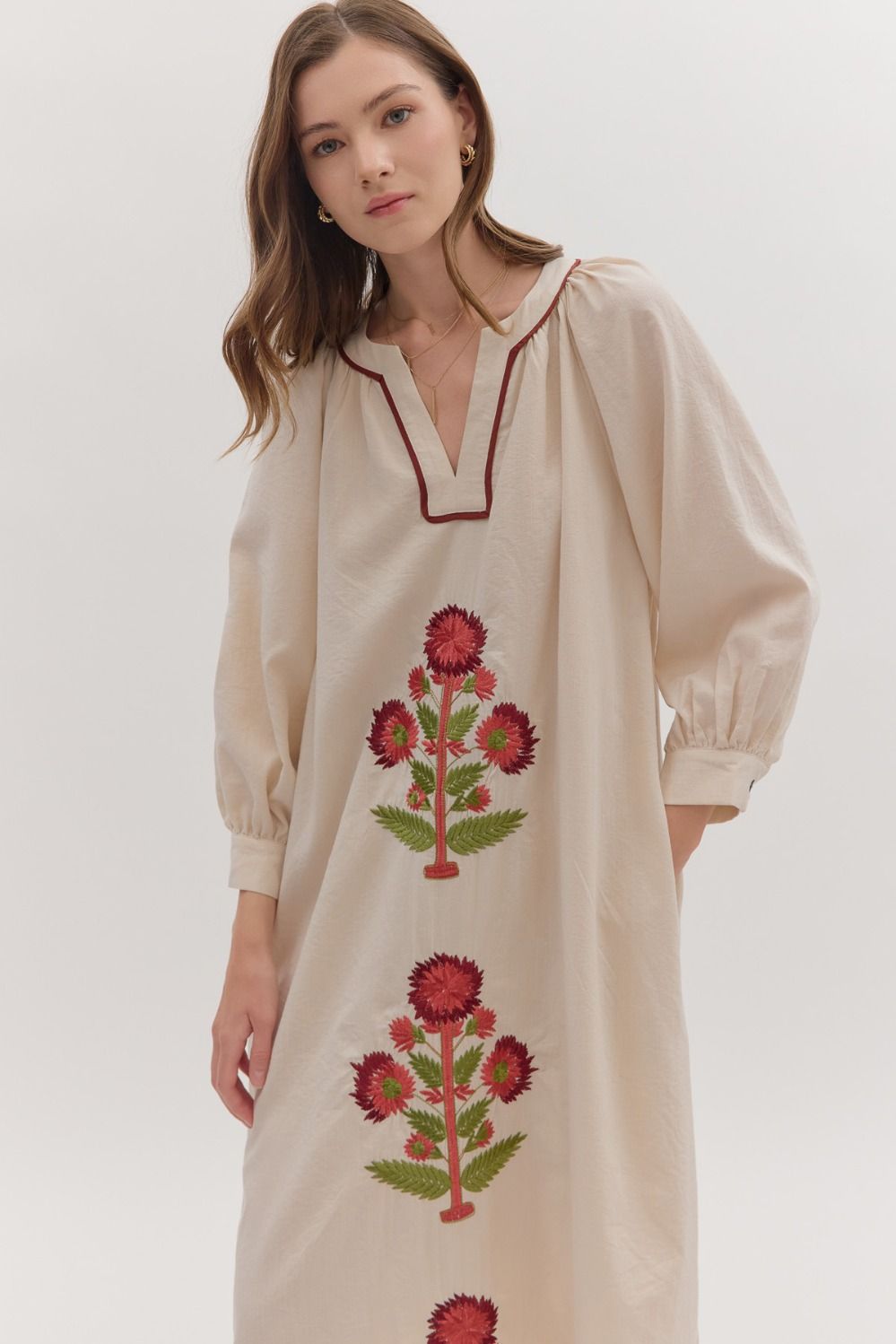 Embroidered Floral Maxi Dress - Ecru