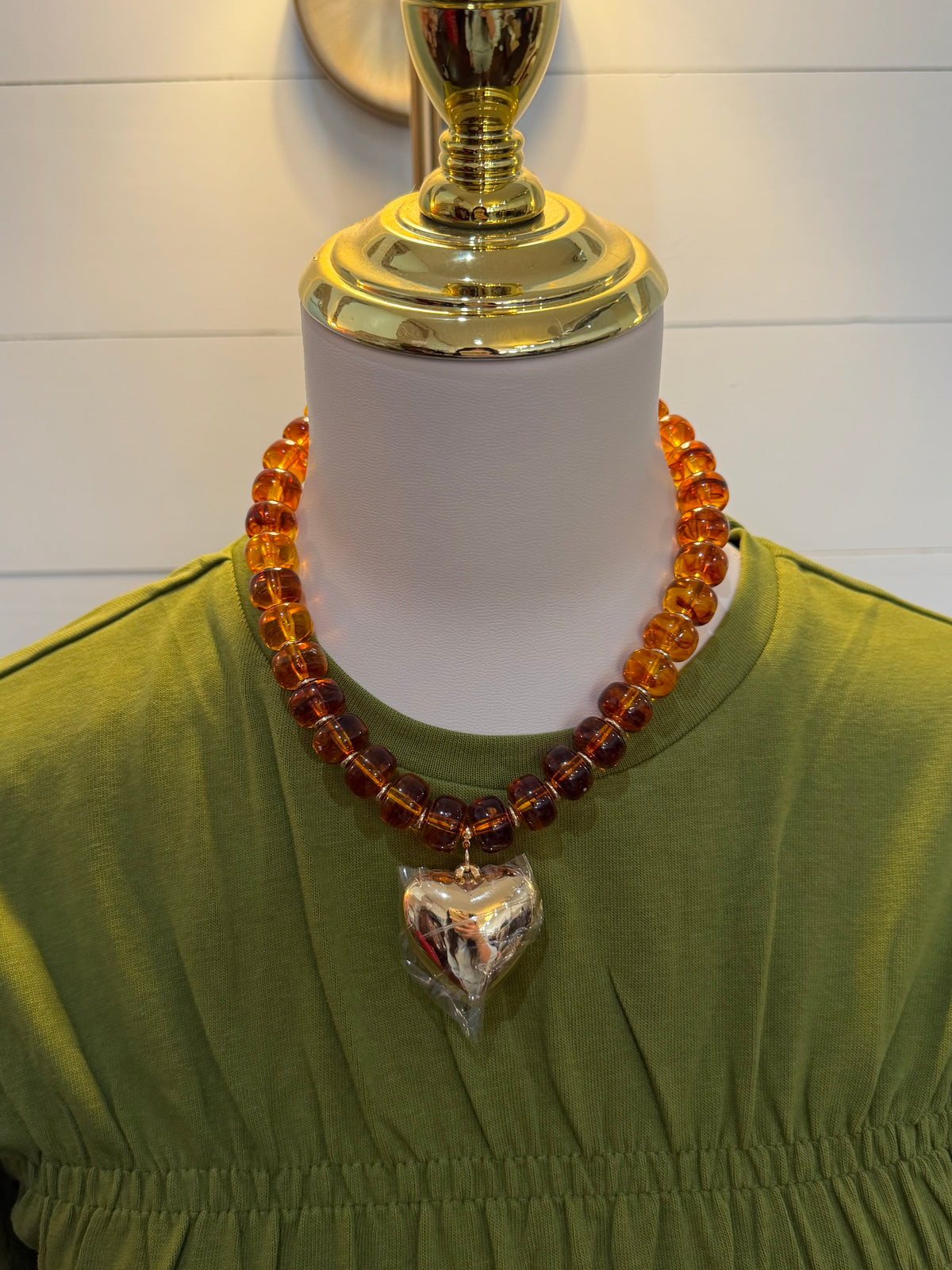 Chunky Beaded Necklace With Heart Charm - Brown