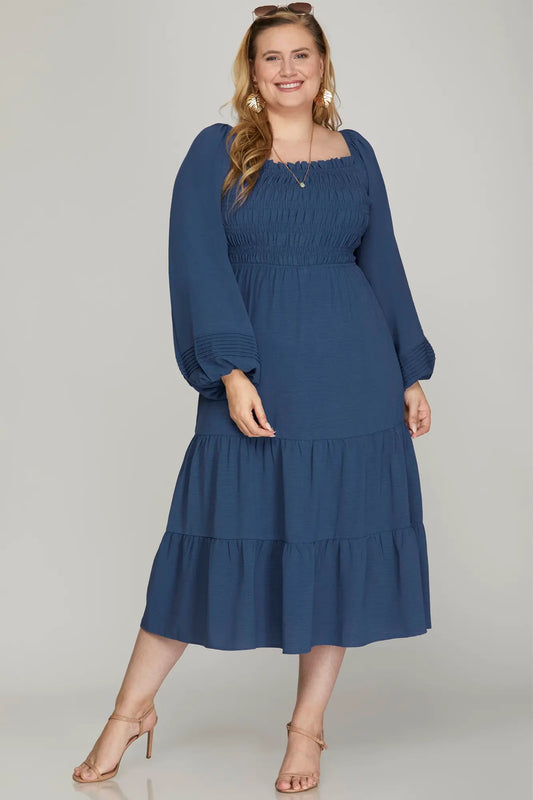 Long Sleeve Smocked Midi Dress - Blue