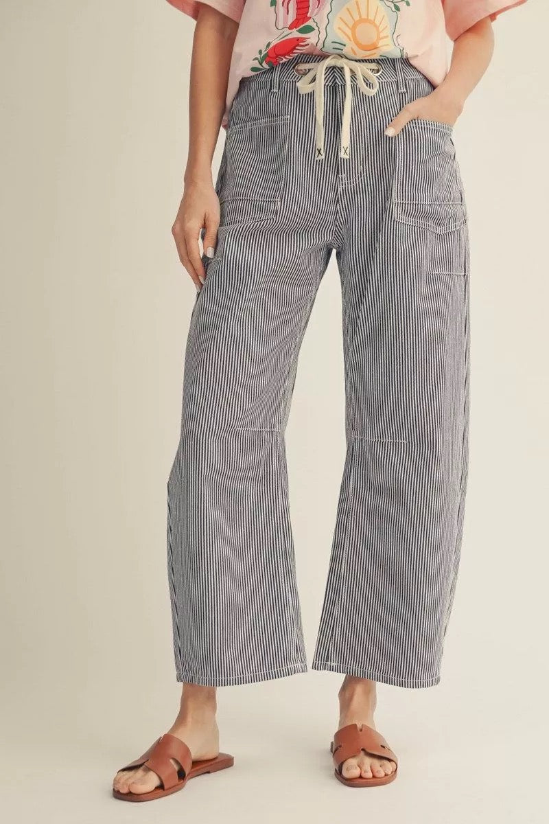 Navy Denim Striped Barrel Jeans