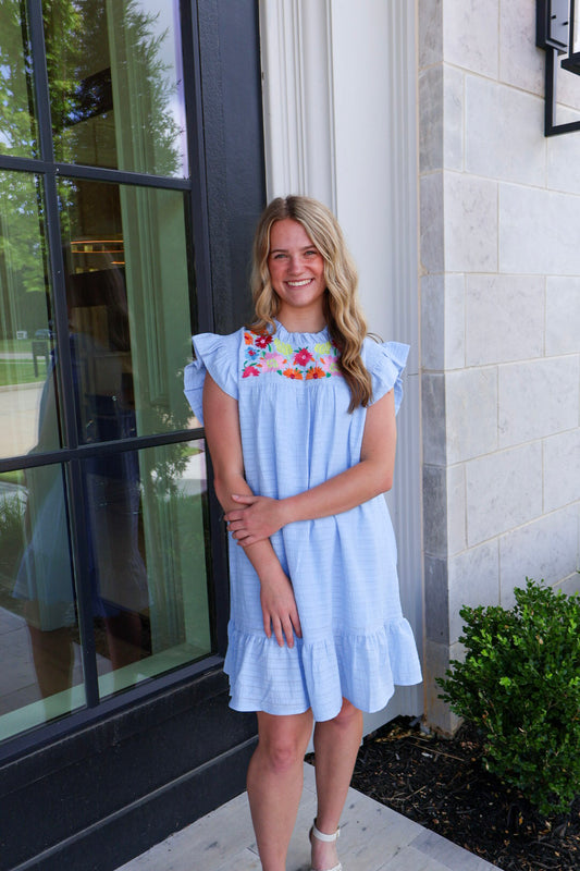 Bessie Flower Embroidered Dress - Blue