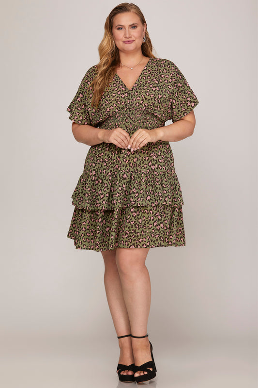 Leopard V-neck Tiered Dress - Olive/Pink