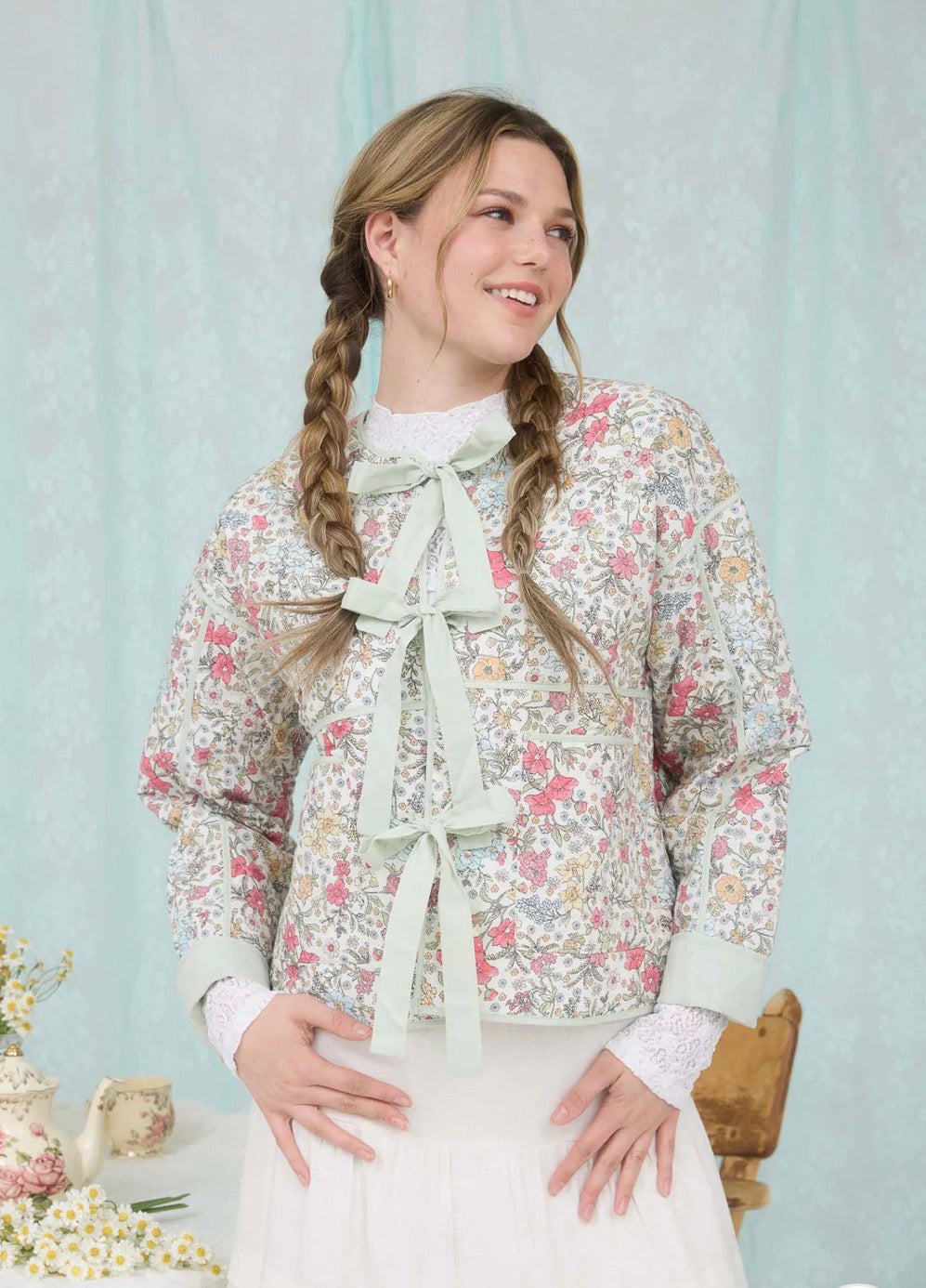 Floral Front Tie Quilted Jacket - Ivory Multi