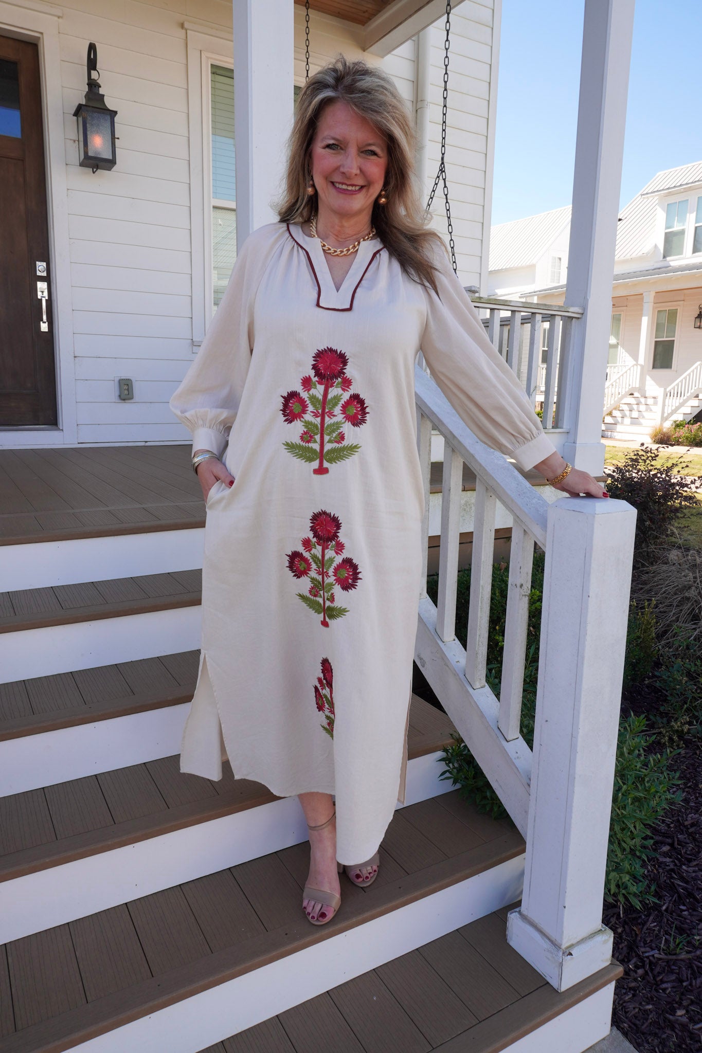 Embroidered Floral Maxi Dress - Ecru