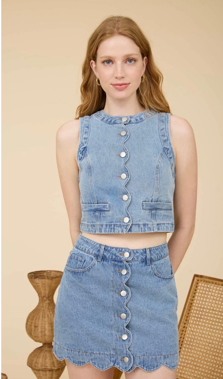 Denim Scallop Trim Skirt Set