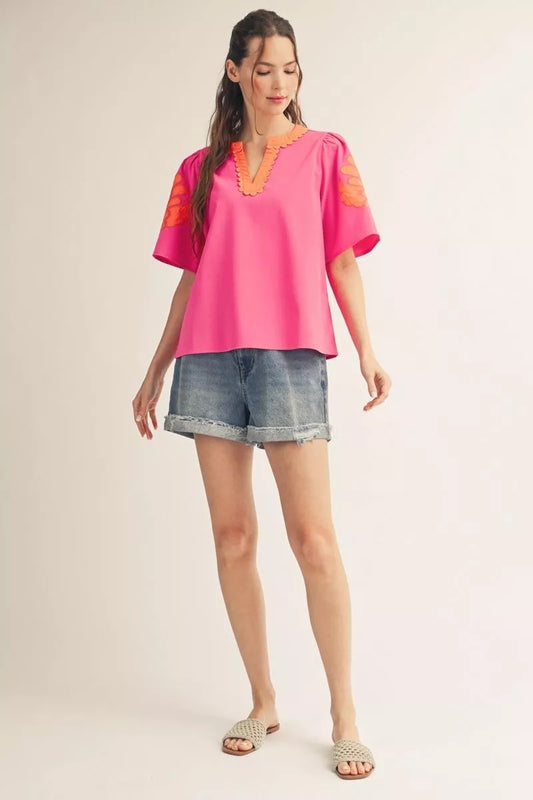 Olivia Puff Sleeve Top With Scallop Details - Pink/Orange