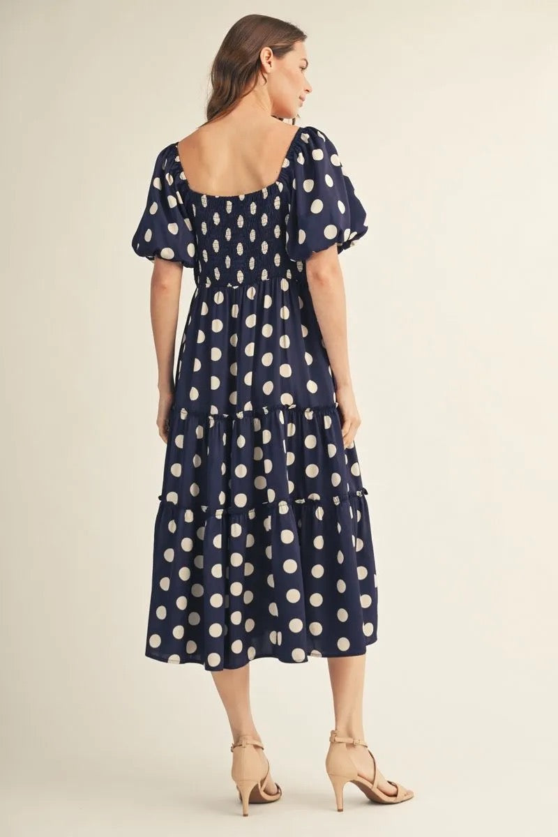 Navy Puff Sleeve Polka Dot Midi Dress