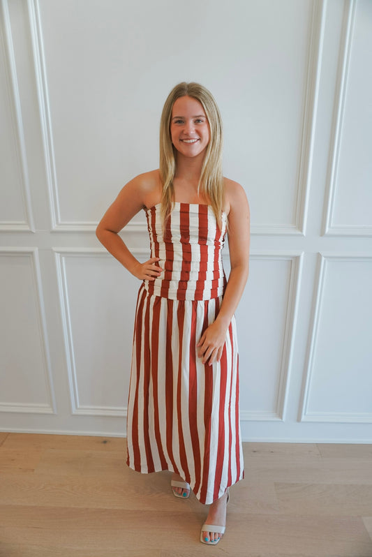 Anchor Up Vertical Stripe Drop Waist Strapless Midi Dress - Red