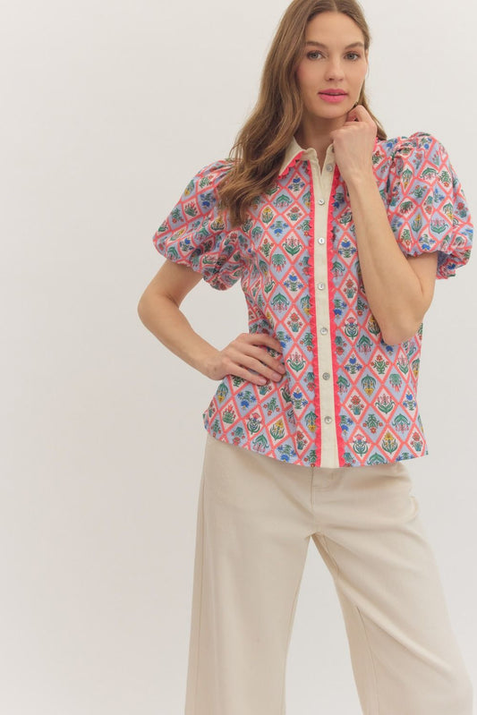 Botanical Print Puff Sleeve Top