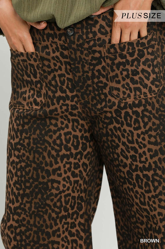 Umgee Leopard Print Wide Leg Pants -Curvy