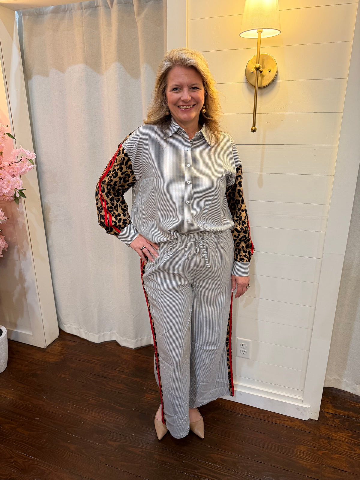 Stripe Pants with Leopard Contrast Side Panels- Charcoal Stripe