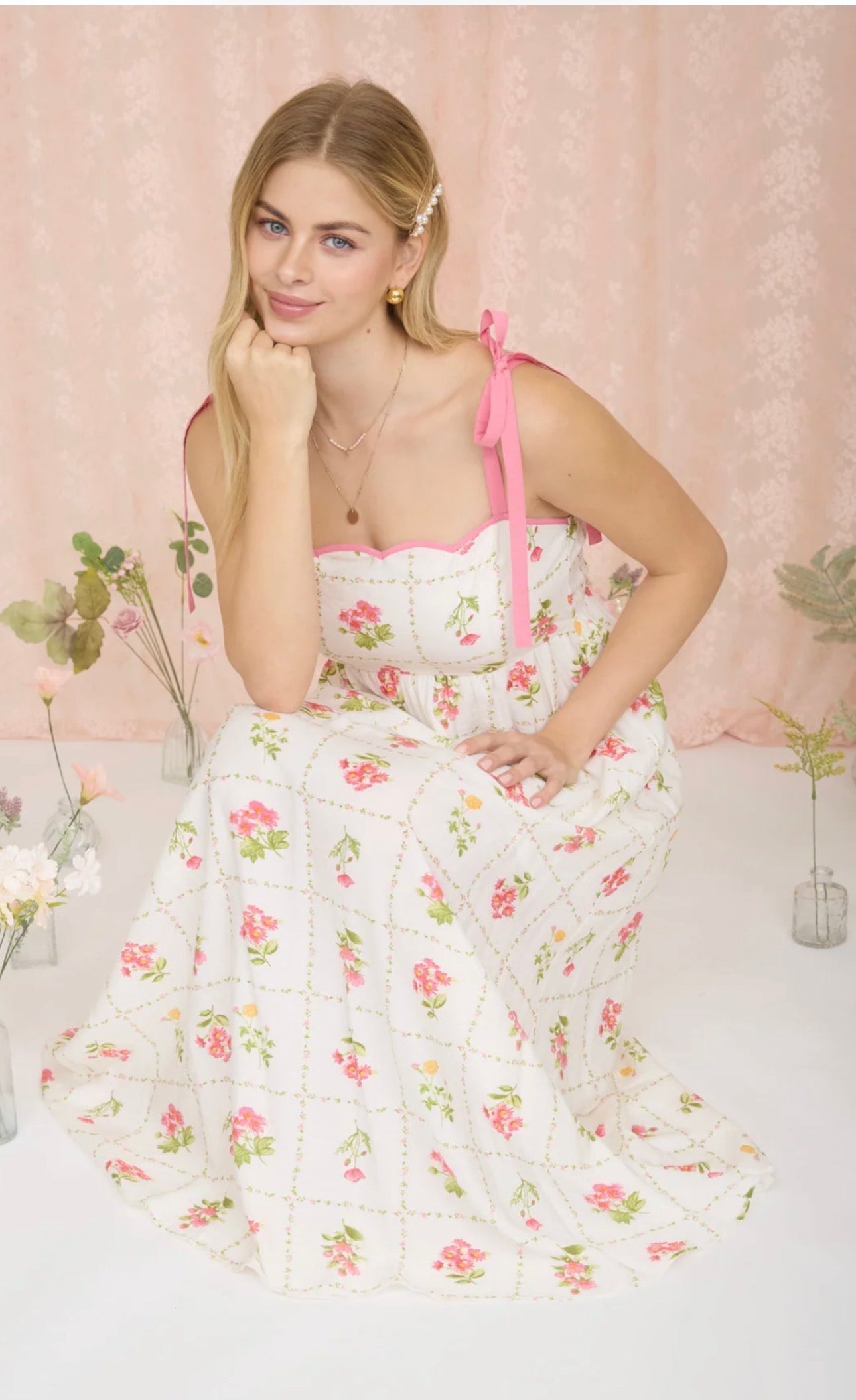 Floral Tile Scallop Tie Strap Midi Dress - Pink