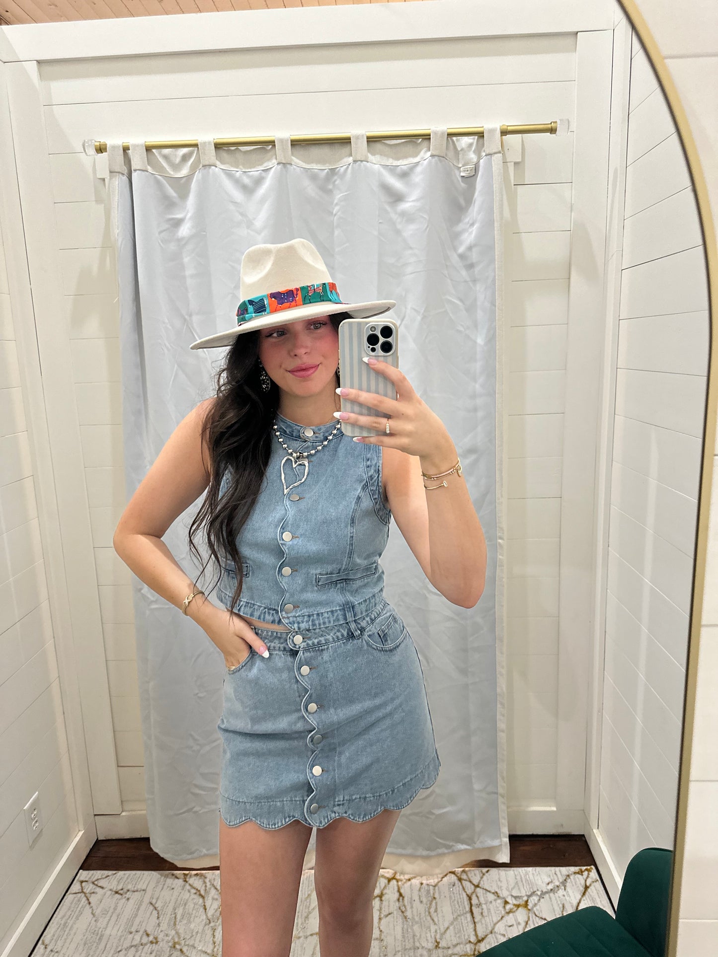 Denim Scallop Trim Skirt Set