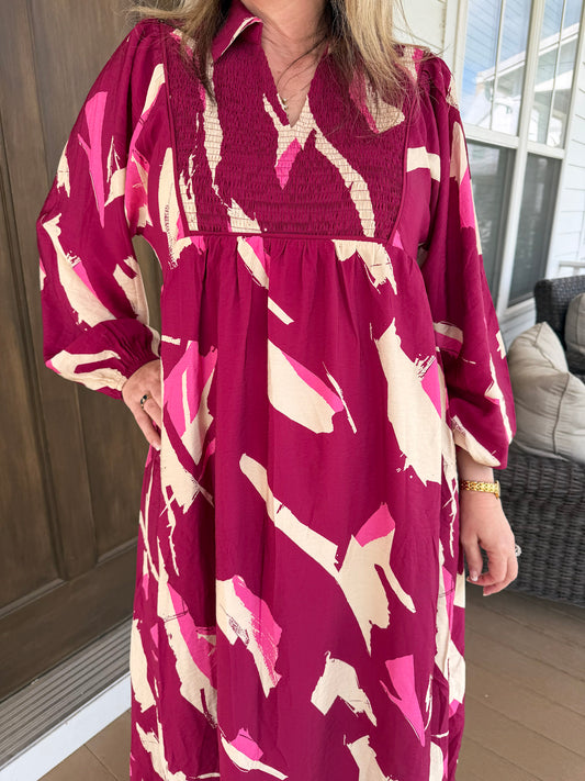 Magenta Printed Midi Dress