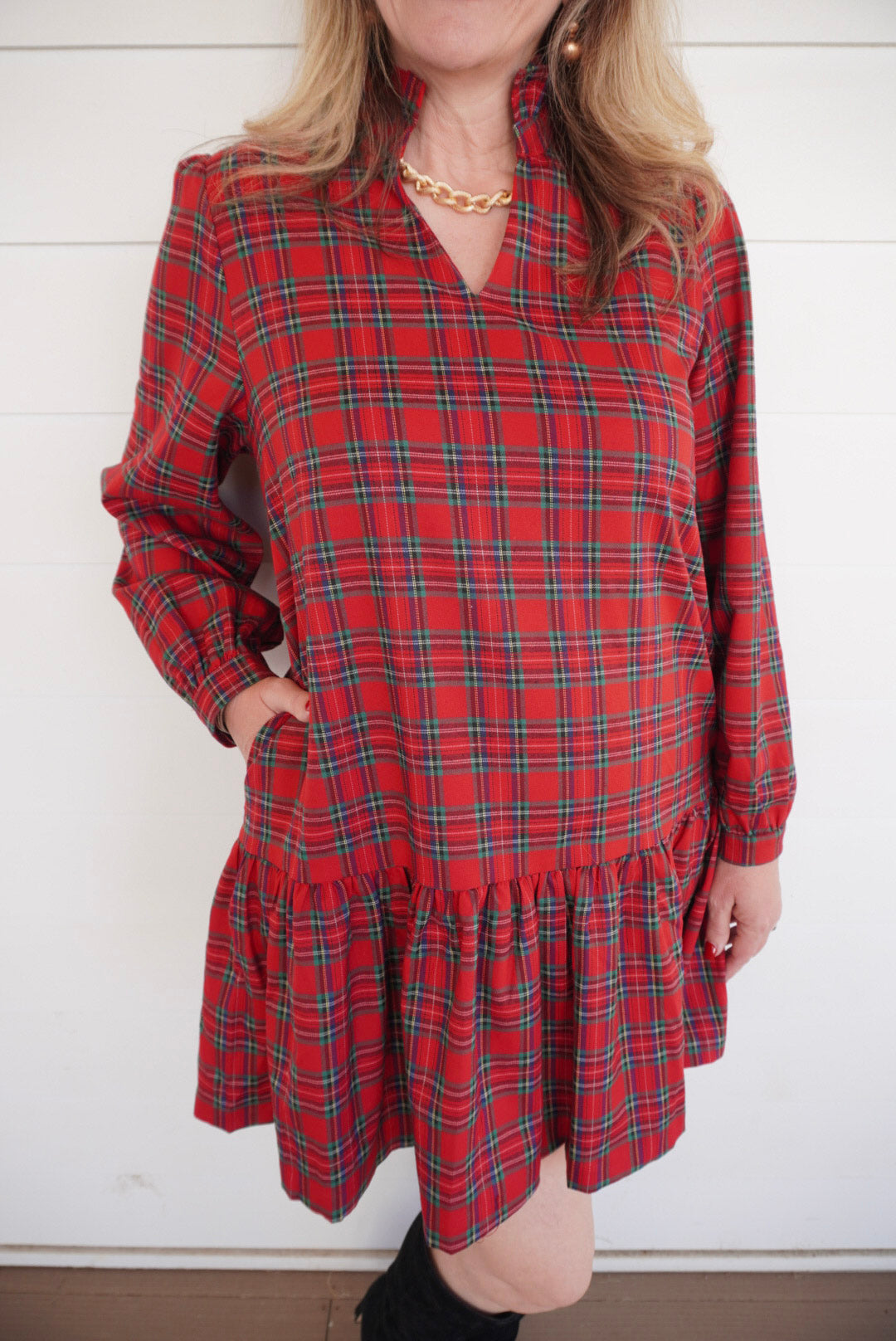 Red Plaid Long Sleeve Dress