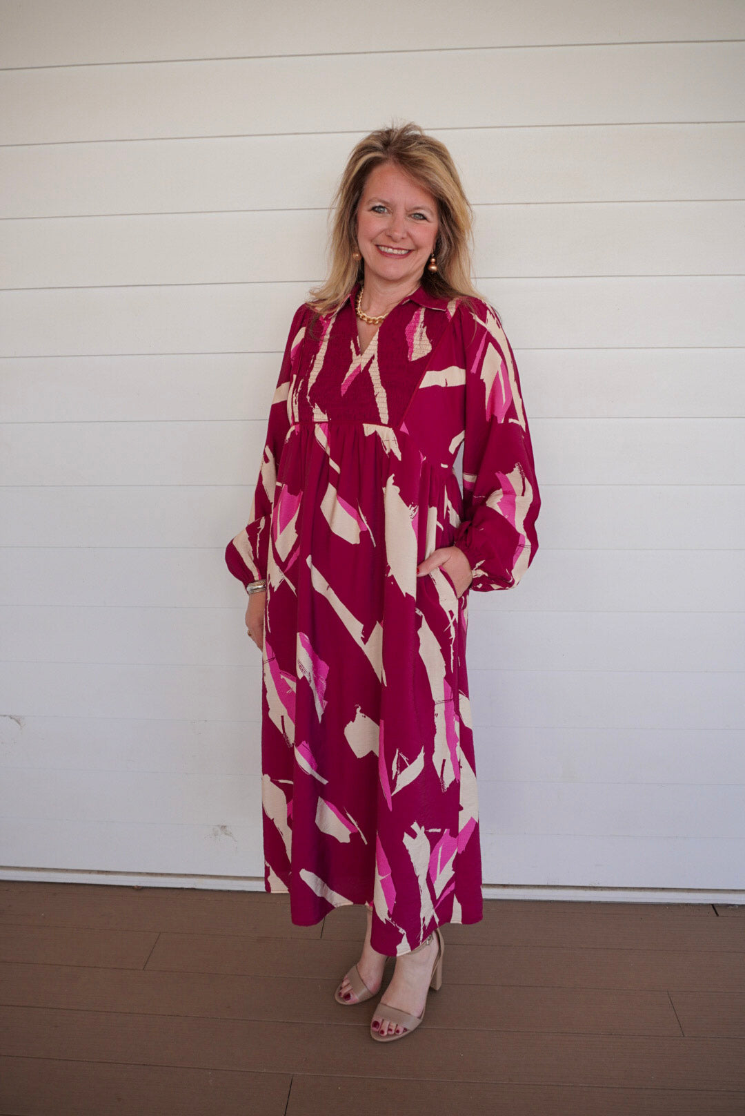 Magenta Printed Midi Dress