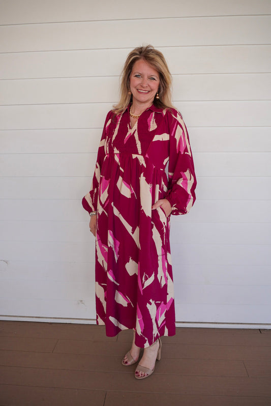 Magenta Printed Midi Dress
