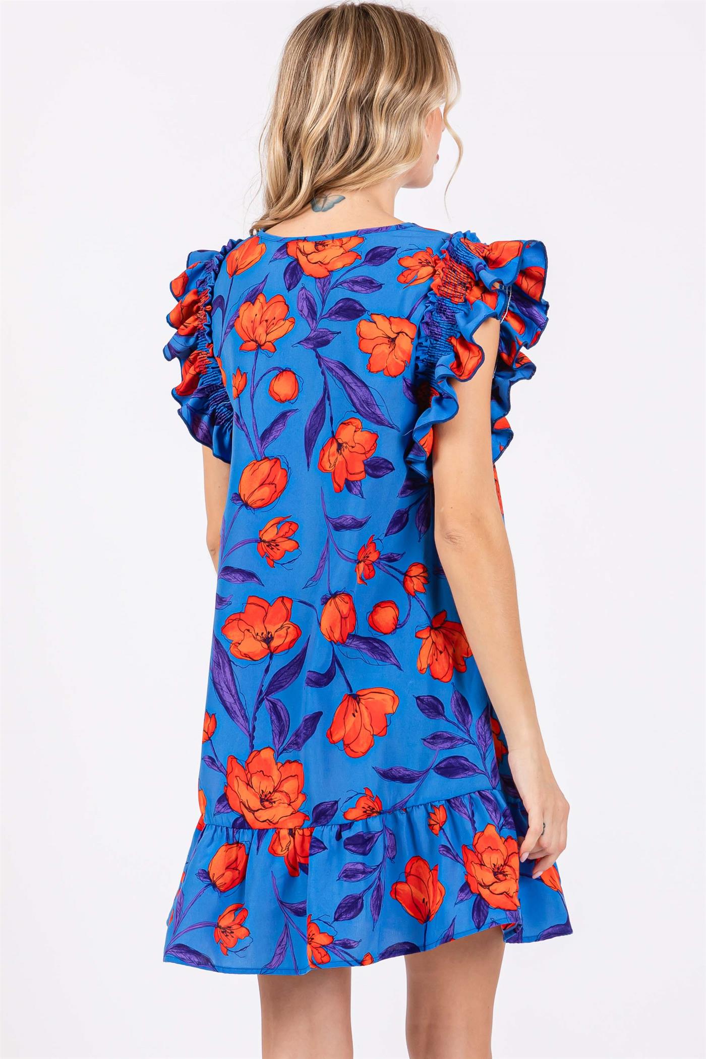 Royal Blue Sleeveless Floral Dress - Curvy