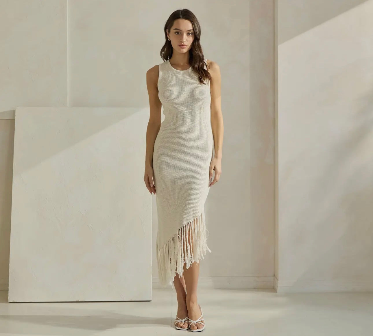 Sunset Soiree - Cream Fringe Trimmed Dress
