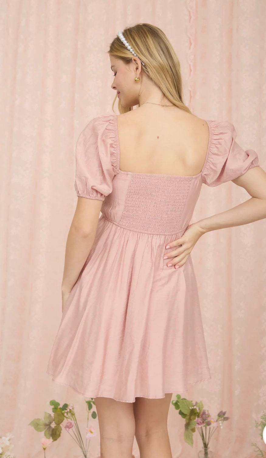 Pleated Top Puff Sleeve Mini Dress - Dusty Peach