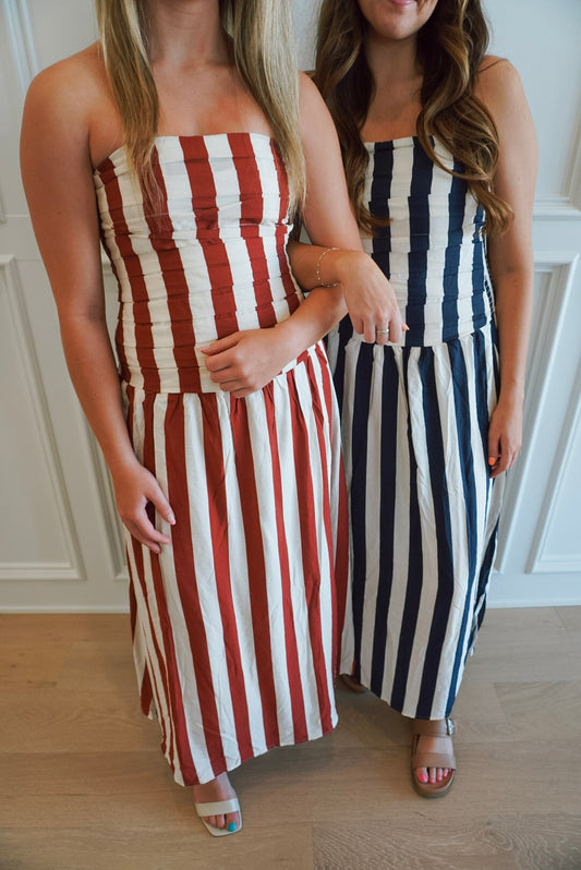 Anchor Up Vertical Stripe Drop Waist Strapless Midi Dress - Navy