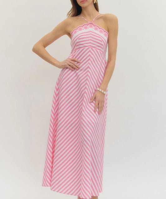 Striped Embroidered Halter Maxi Dress - Pink