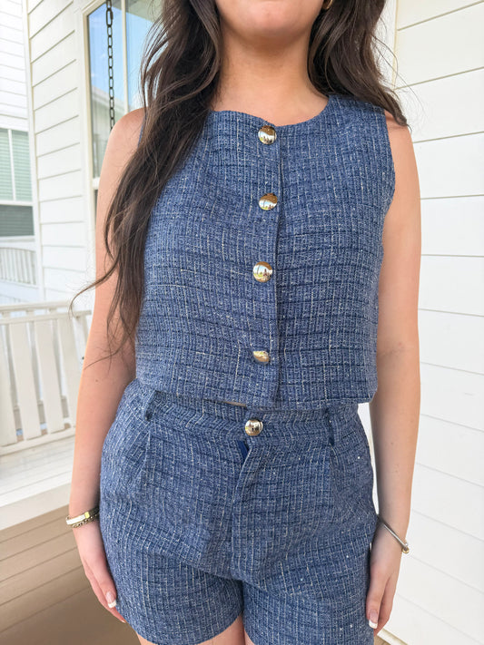 Blue Tweed Button Down Set