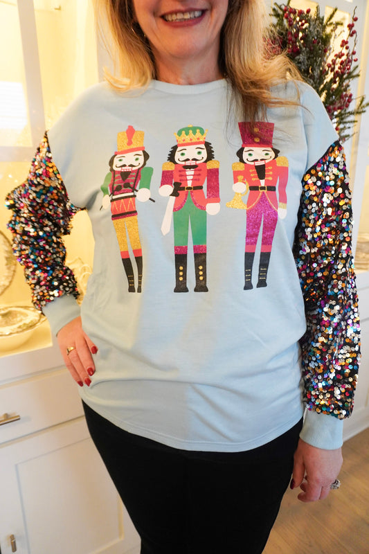 Multicolor Sequin Long Sleeve Light Blue Nutcracker Top