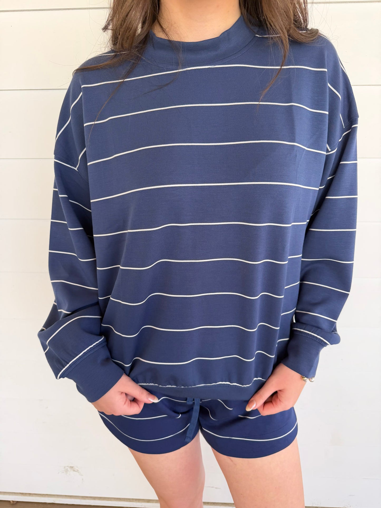 Striped Scuba Long Sleeve And Shorts Set - Navy/White