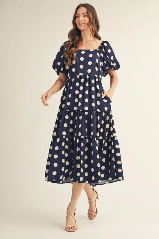 Navy Puff Sleeve Polka Dot Midi Dress