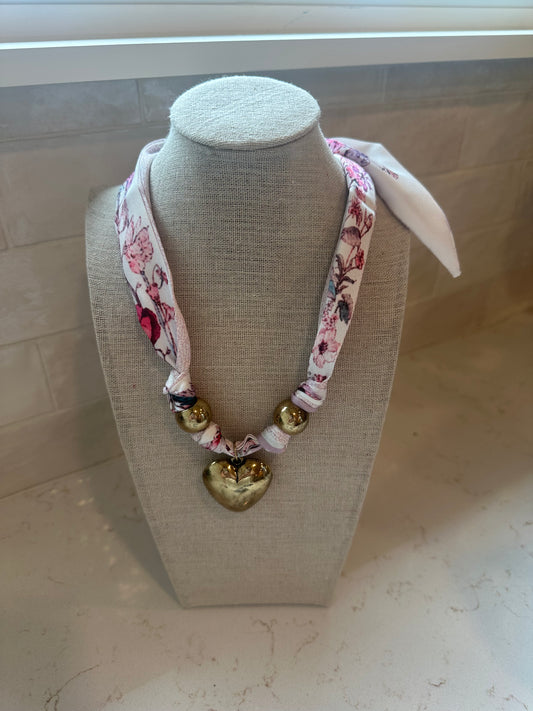 Silk Scarf Necklace - Pink Heart Pendant