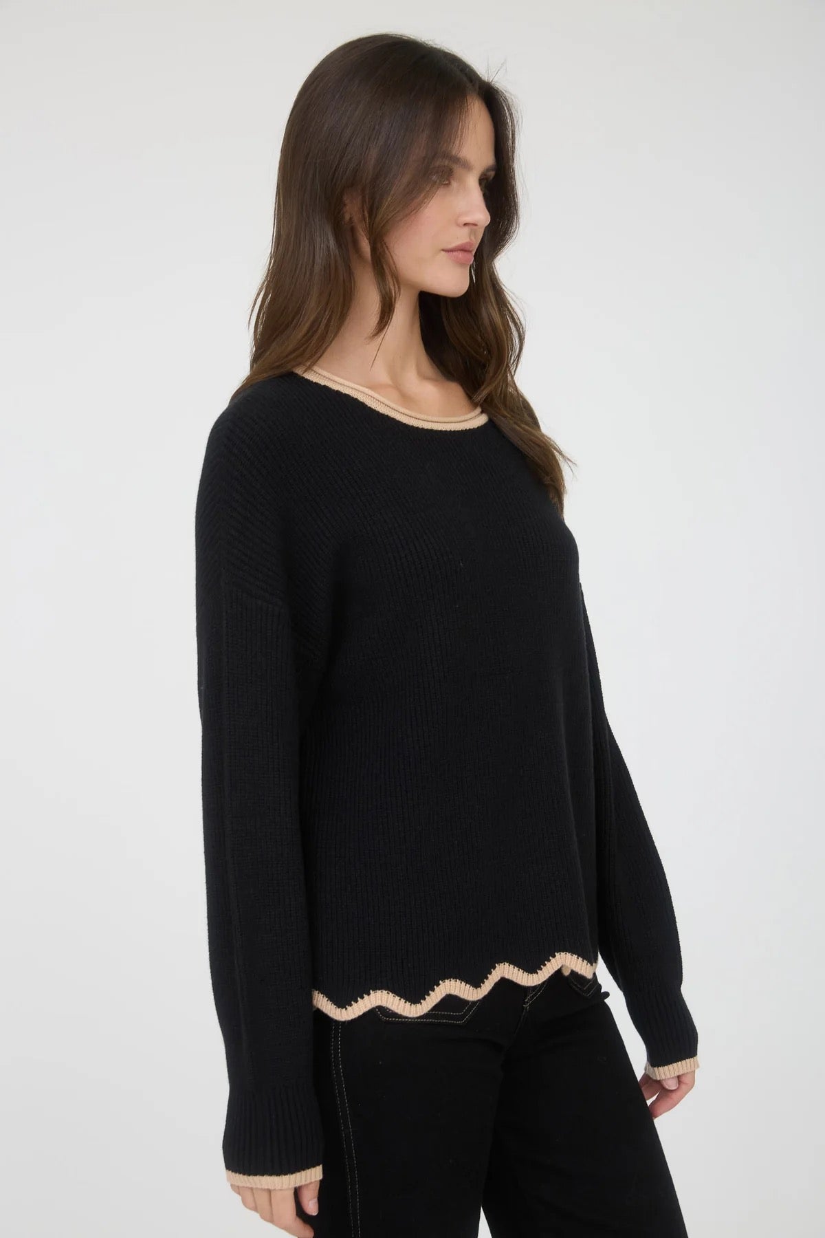 Black Sweater With Scallop Edge Details