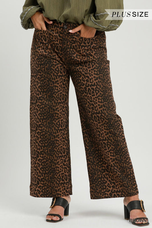 Umgee Leopard Print Wide Leg Pants -Curvy