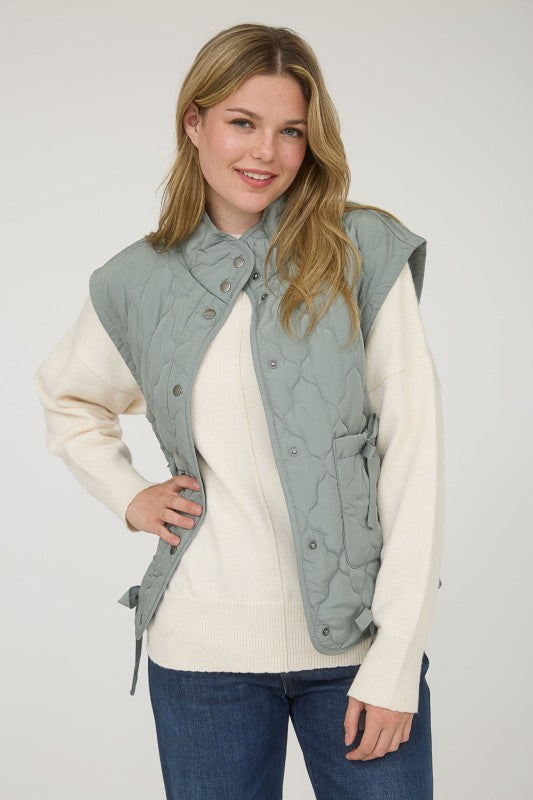 Quilted Puffer Vest With Bow Details - Sage
