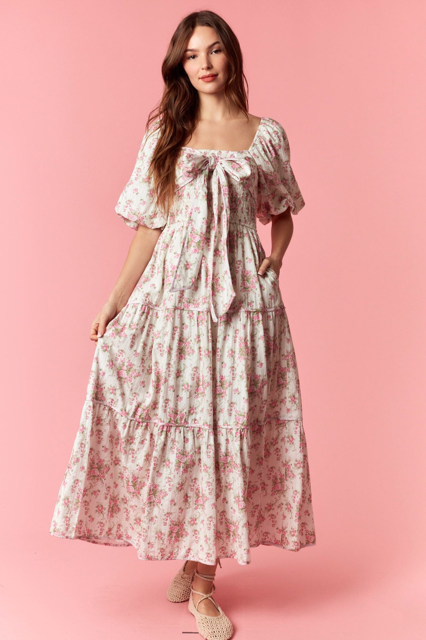 Marie Floral Printed Smocked Bow Front Dress