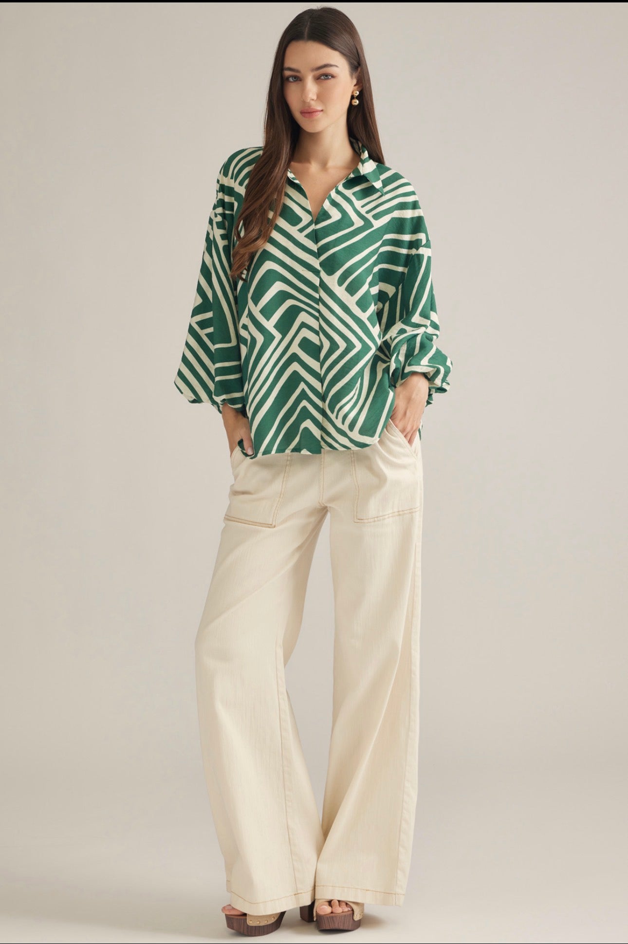 Geometric Green Blouse With Balloon Sleeves