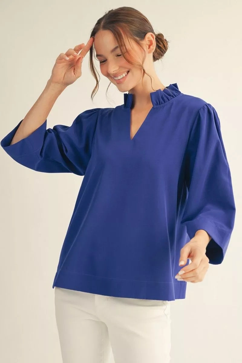 Royal Blue Ruffle Neck 3/4 Sleeve Top
