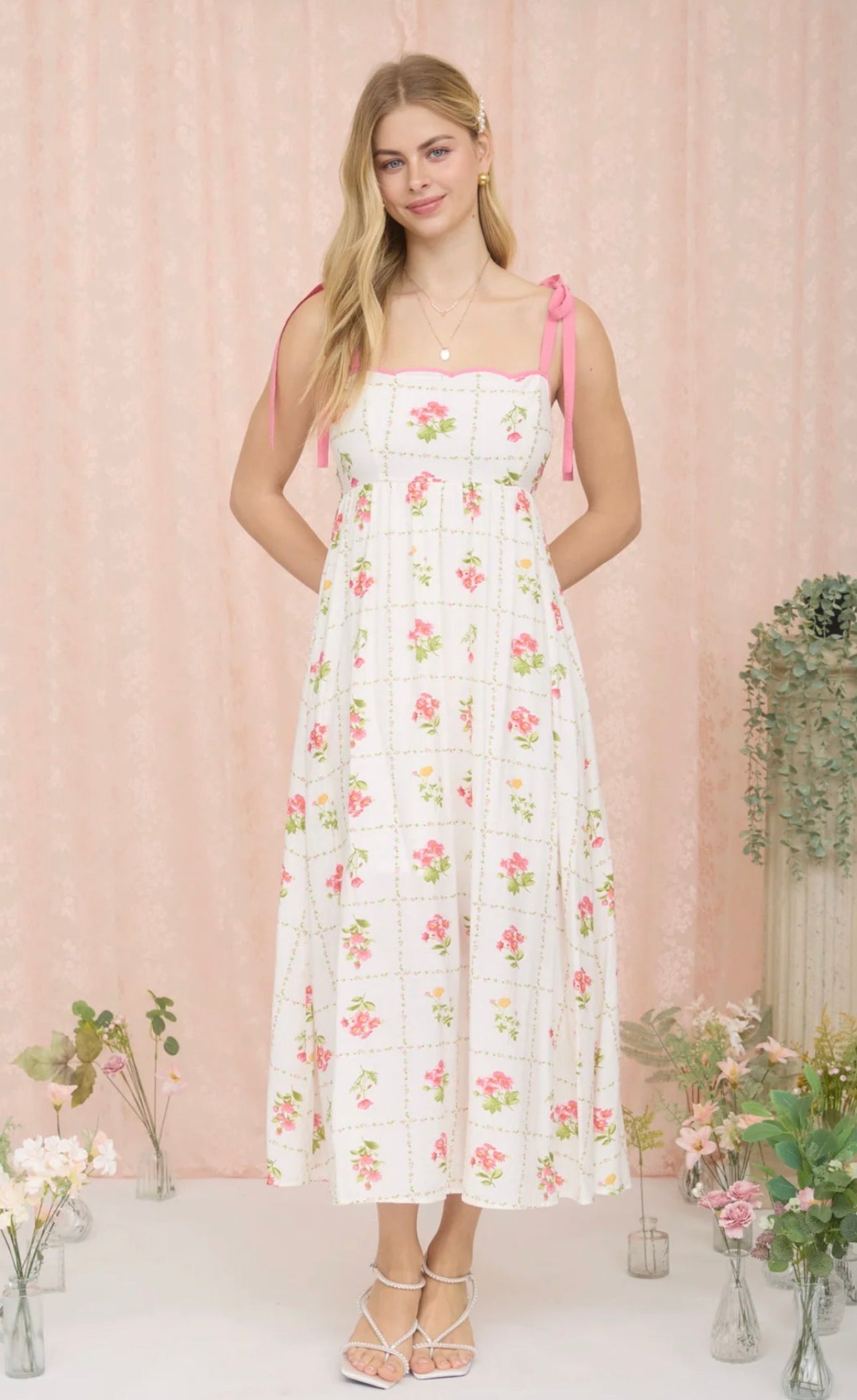 Floral Tile Scallop Tie Strap Midi Dress - Pink