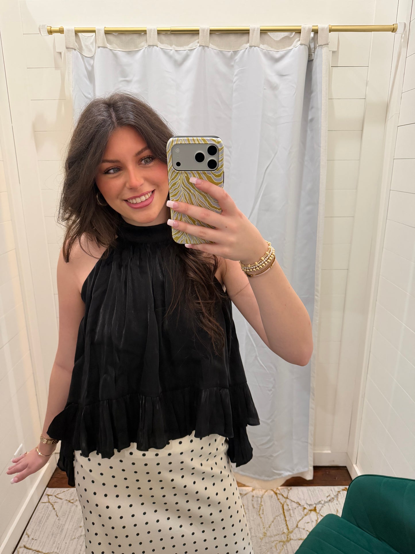 Black Ruffle Halter Top With Back Neck Tie