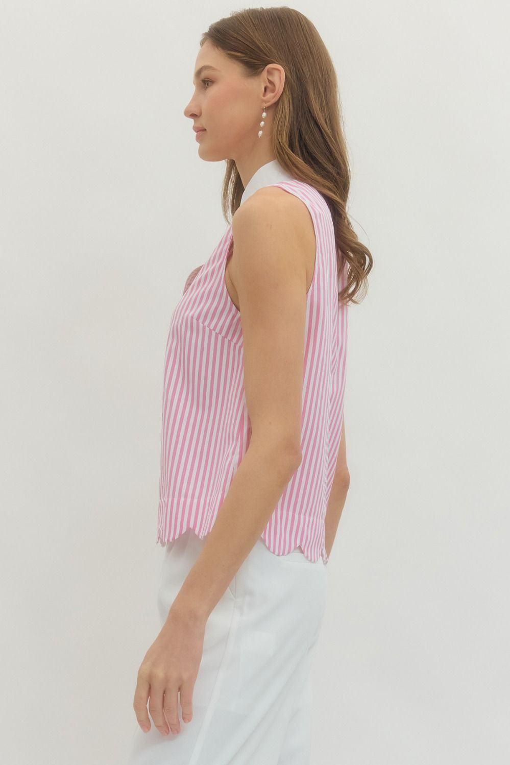 Pink Striped Sleeveless Collared Top