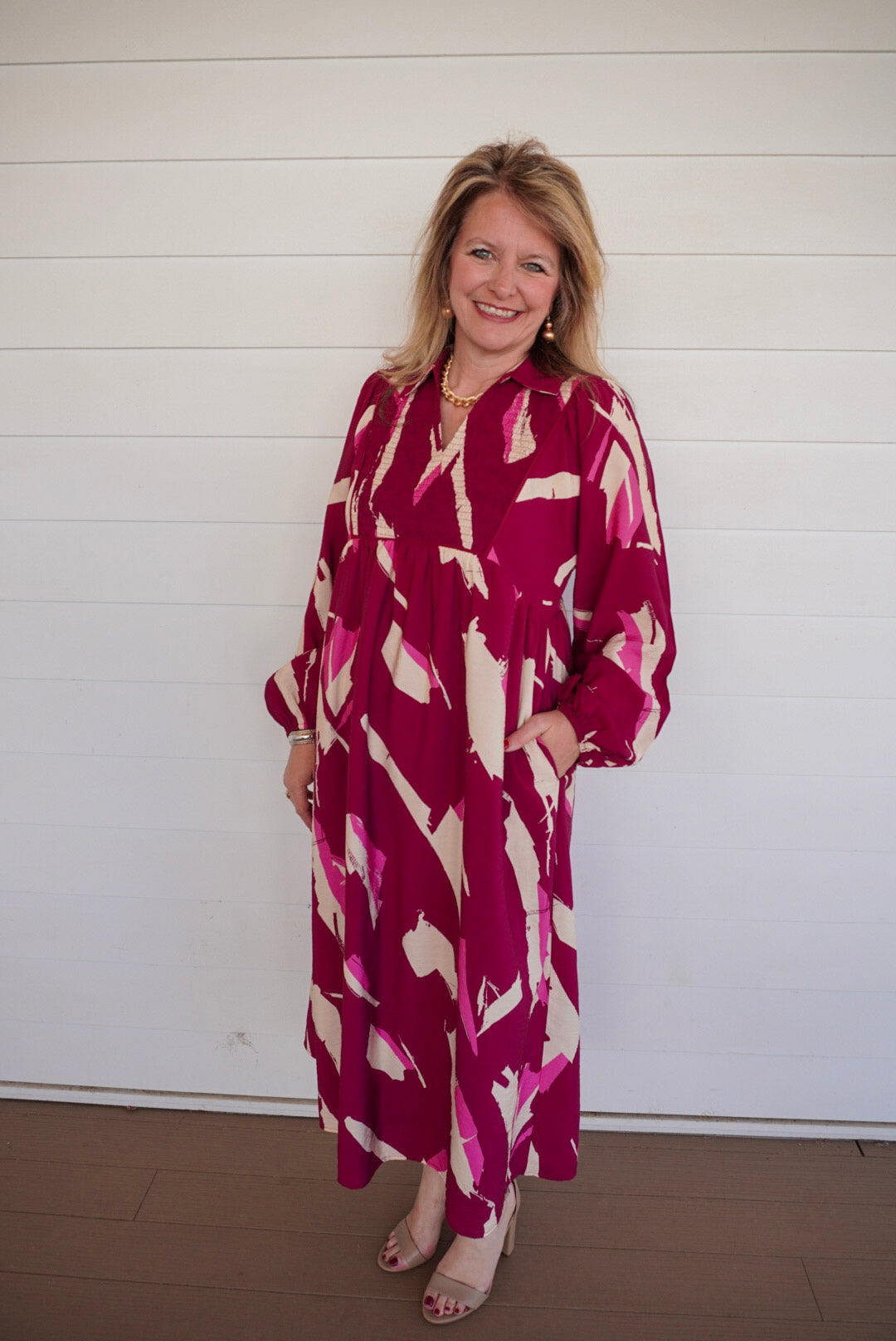Magenta Printed Midi Dress