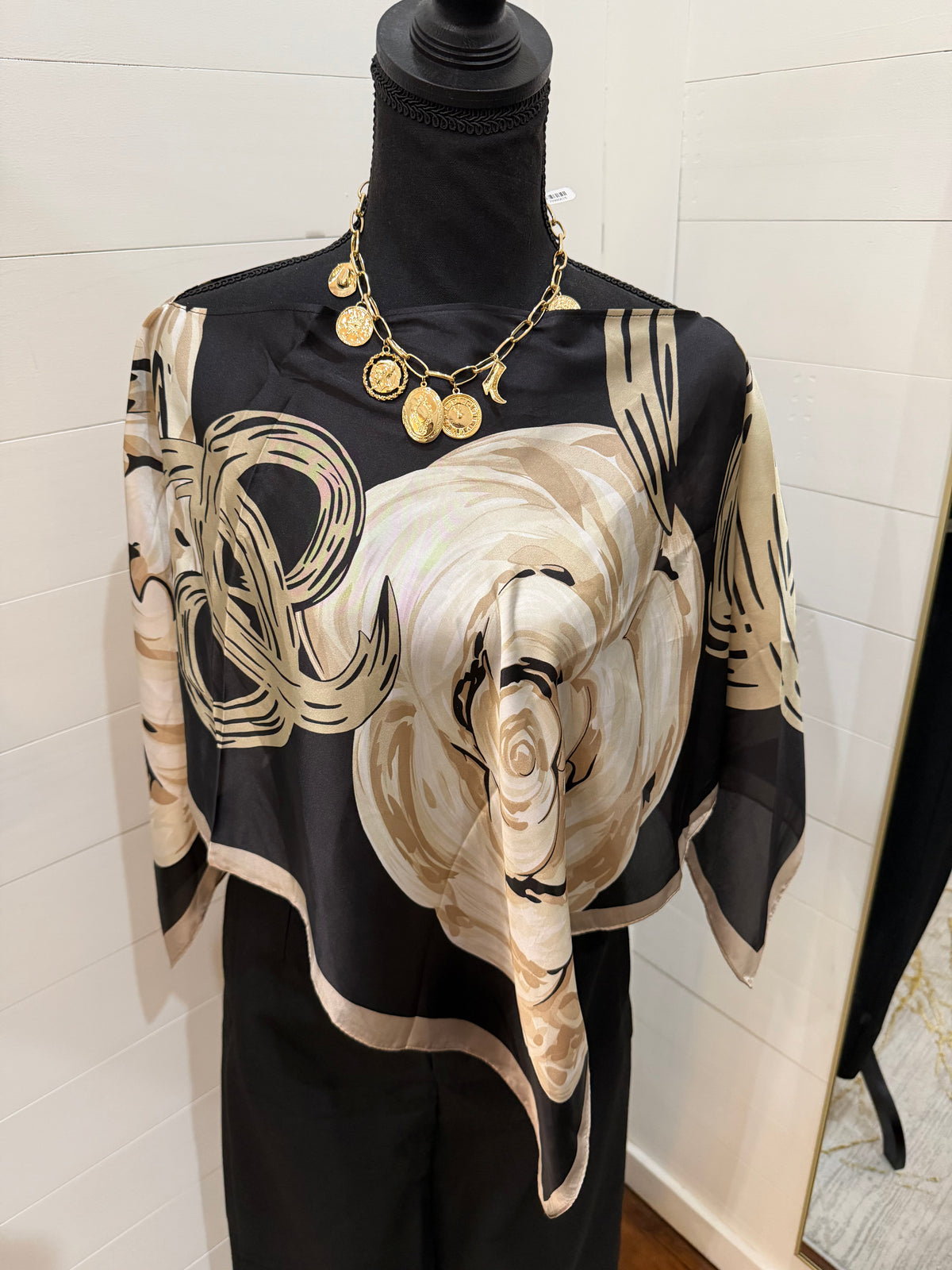Silk Poncho - Black And Cream Floral