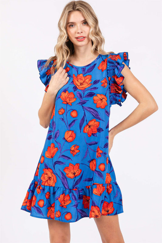Royal Blue Sleeveless Floral Dress - Curvy