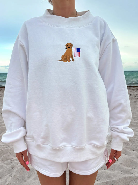 American Flag & Dog Embroider Mockneck White Sweatshirt