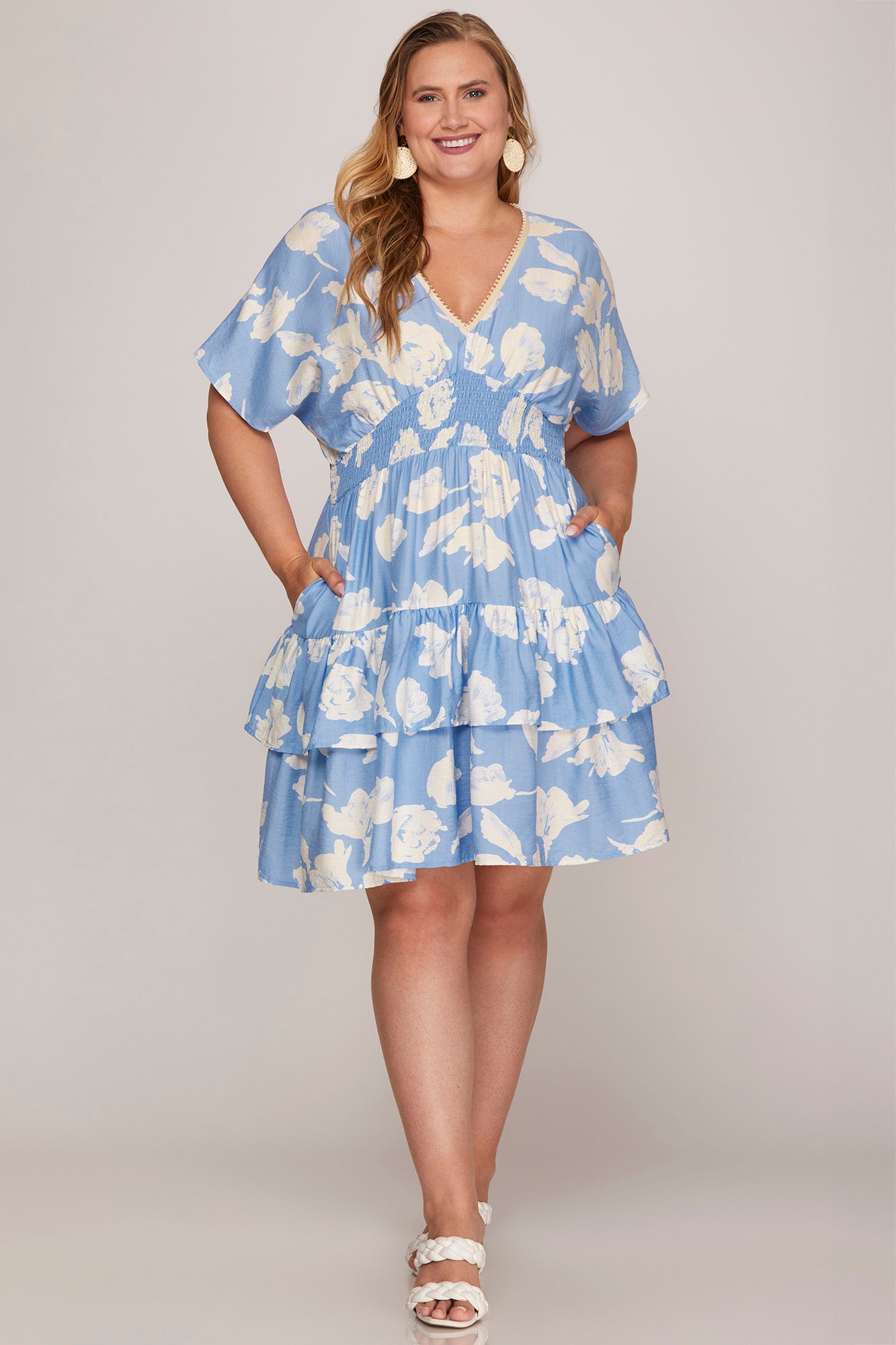 Blue Floral V-Neck Tiered Short Dress