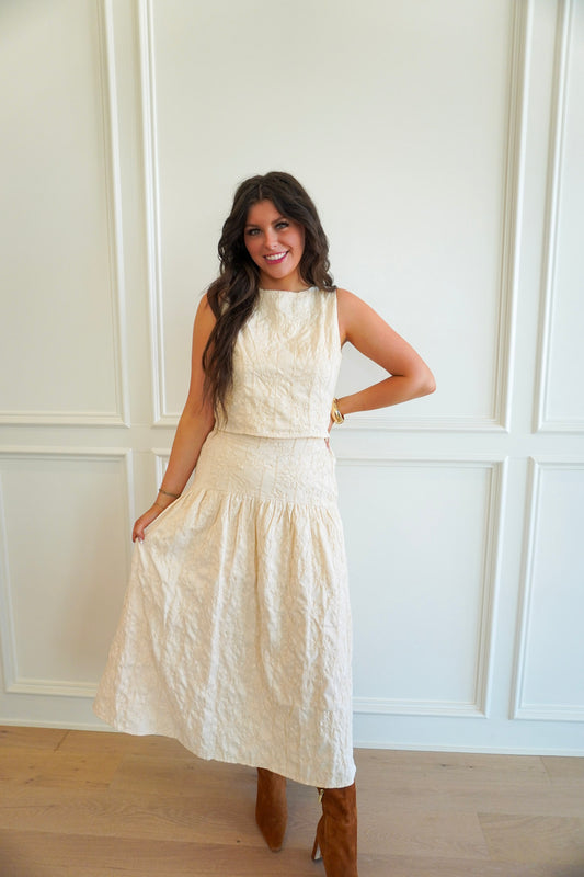 Floral Embroidery Detail Cream Top and Skirt 2-Piece Set