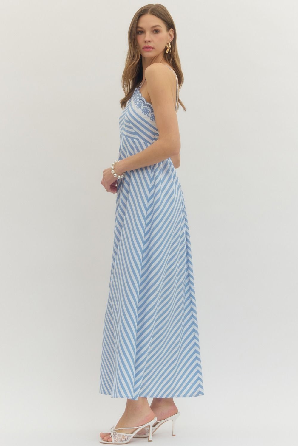 Striped Embroidered Halter Maxi Dress - Light Blue
