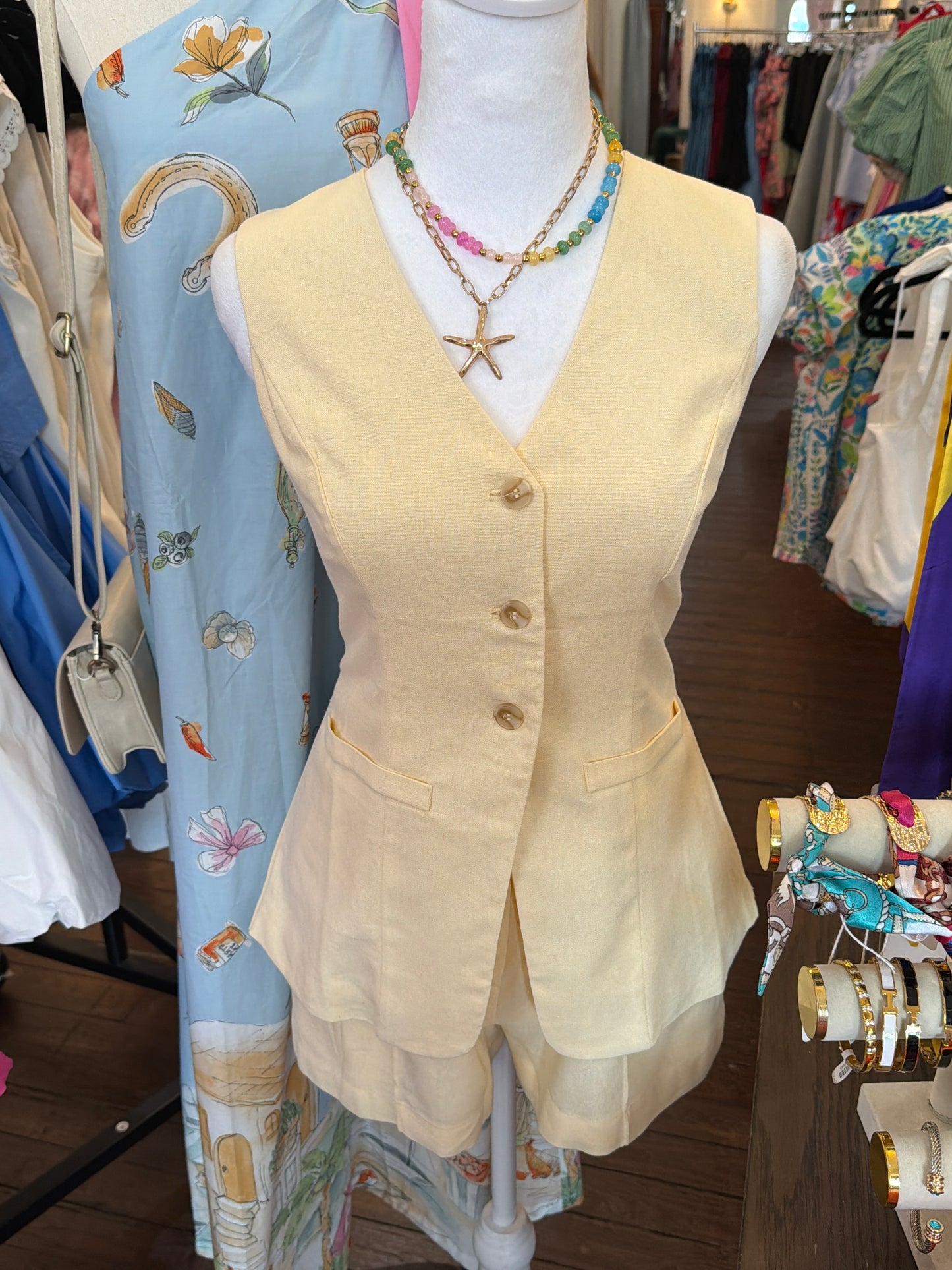 Cassandra V-Neck Sleeveless Linen Set - Butter Yellow